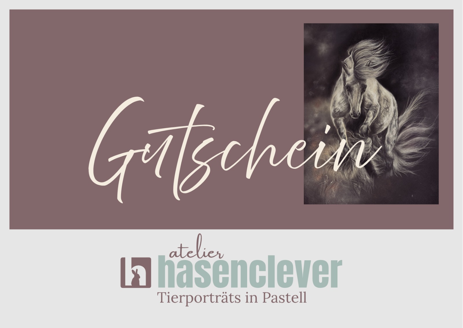 Gutschein-Karte mit dem Logo atelier hasenclever und einem Pastellporträt eines Schimmels in Bewegung